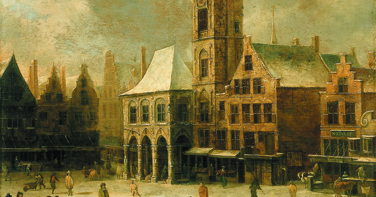 Amsterdam Dam Square with the Old City Hall in winter, 17th century