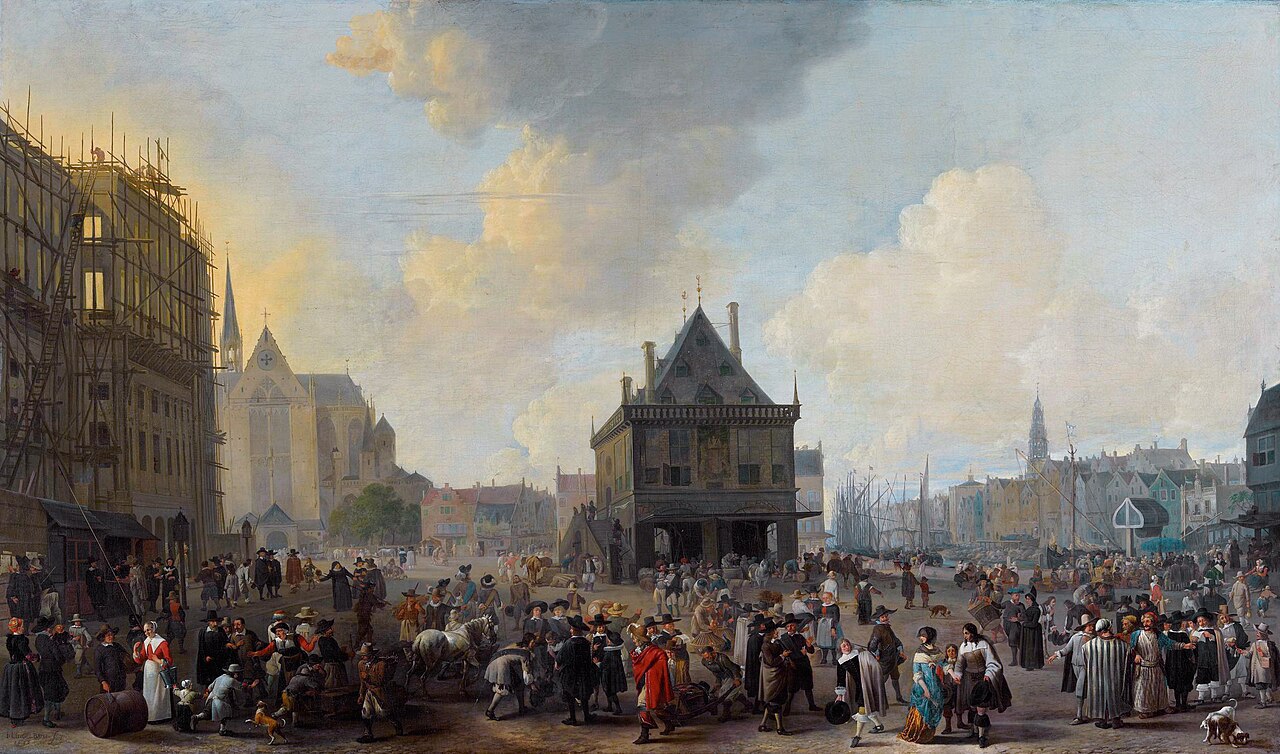Johannes Lingelbach painting of a busy Amsterdam market and harbor, Dutch Golden Age