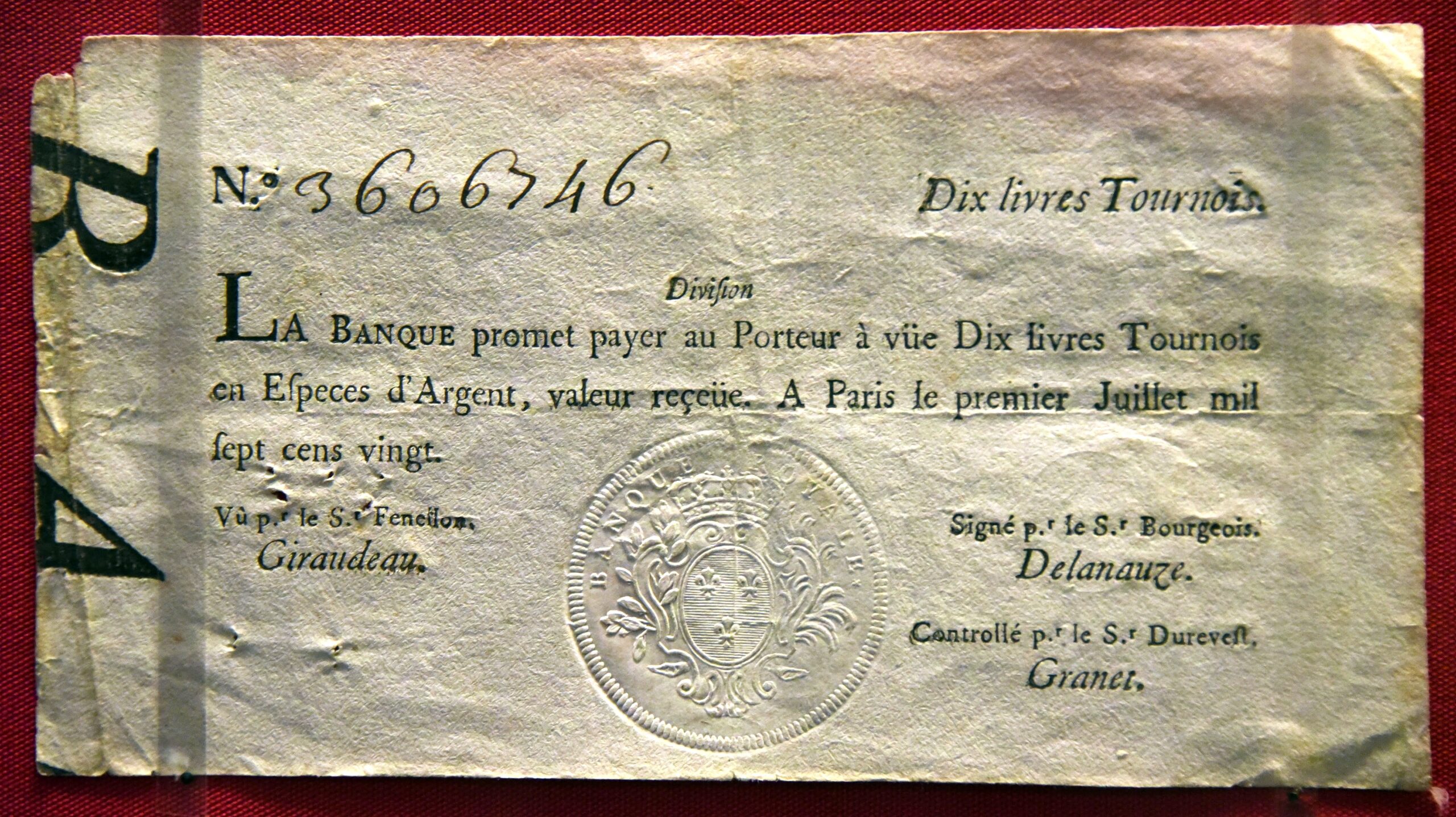 10 livres tournois banknote issued by Banque Royale, France, 1720 — on display at the British Museum