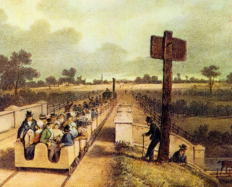 Opening ceremony of the Liverpool and Manchester Railway, 1830, with celebrating crowds