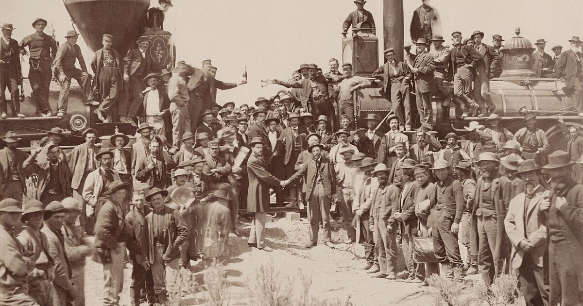 Transcontinental railroad golden spike ceremony East West Union Pacific 1869