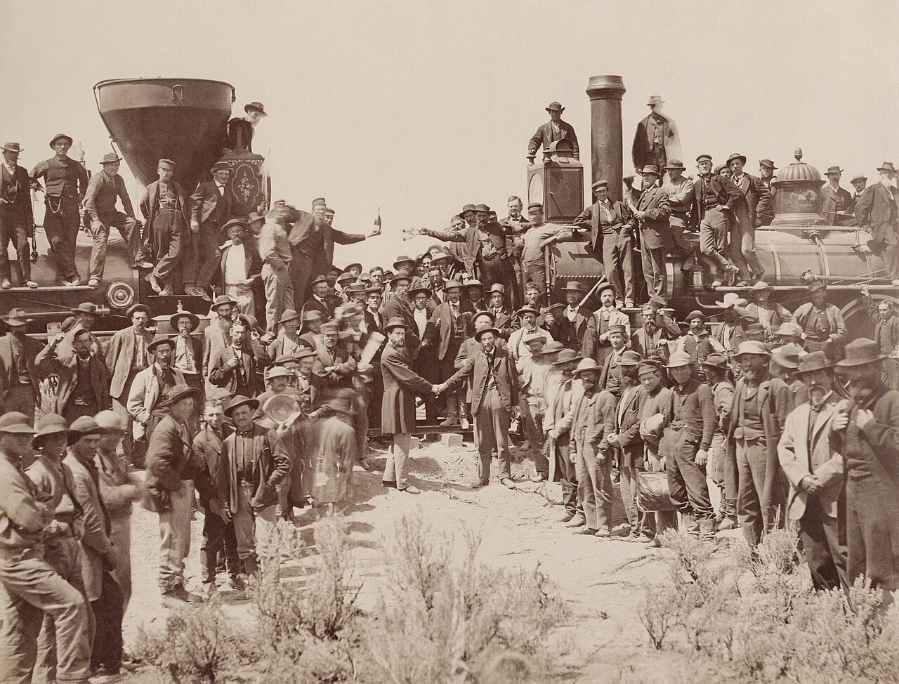 Transcontinental railroad golden spike ceremony East West Union Pacific 1869