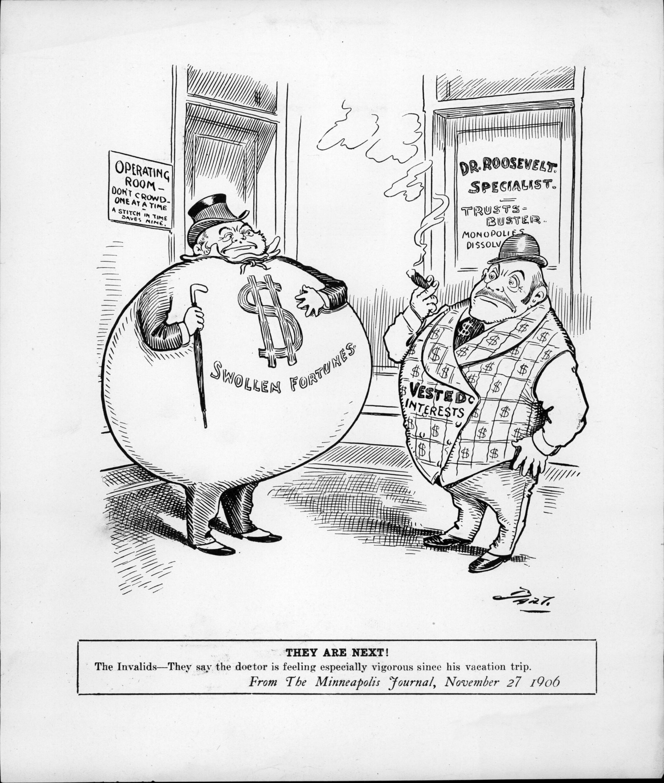 Trust busting political cartoon — Roosevelt era antitrust action