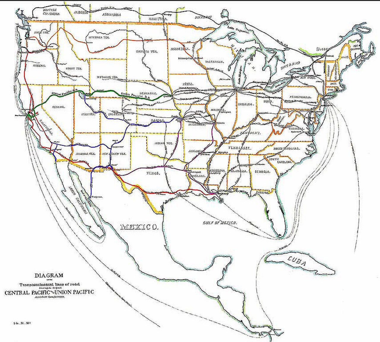 US Pacific Railroads 1887 map transcontinental Harriman Hill railroad routes